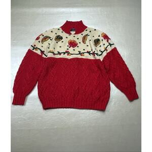 🔥Vintage 70s Birch Bros Red Cream Cable Knit Sweater Grandmacore Holiday Size S